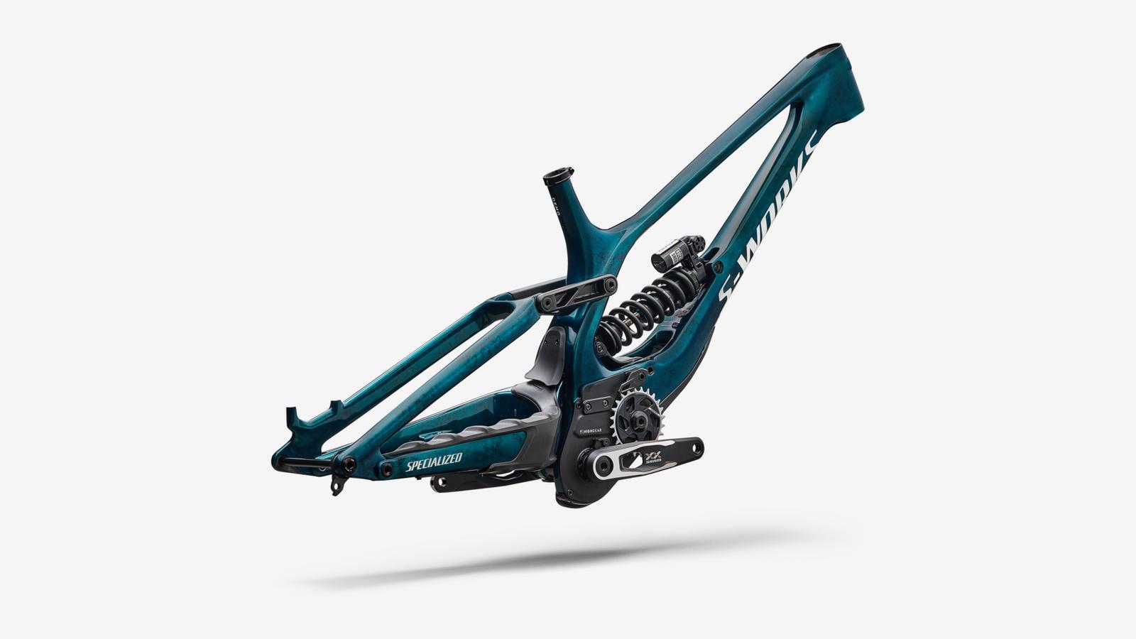 Specialized S-Works Demo 11 Frameset - Gloss Teal Tint Carbon / Smoke / White - Rear 3/4 View