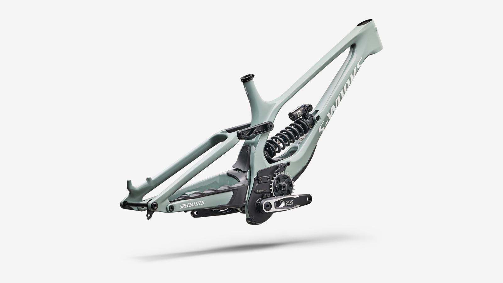 Specialized S-Works Demo 11 Frameset - Gloss Agave Grey / Metallic White Silver - Rear 3/4 View