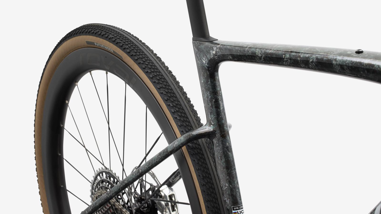 Specialized S-Works Crux 5 - Fjord Gold Sandstone Blurred Impasto / Gloss Flake Silver - Seat Tube Junction Detail