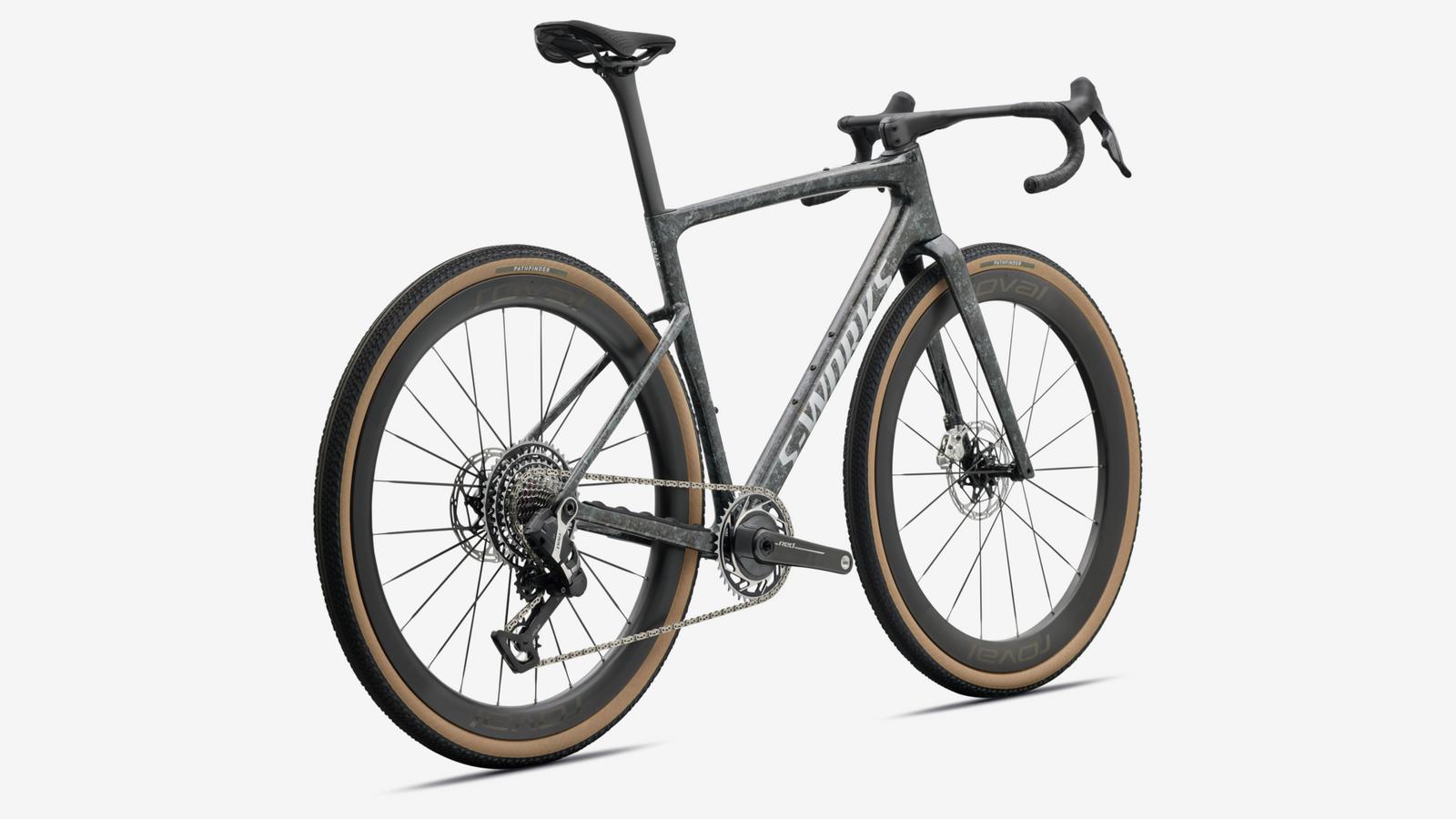 Specialized S-Works Crux 5 - Fjord Gold Sandstone Blurred Impasto / Gloss Flake Silver - Rear 3/4 View