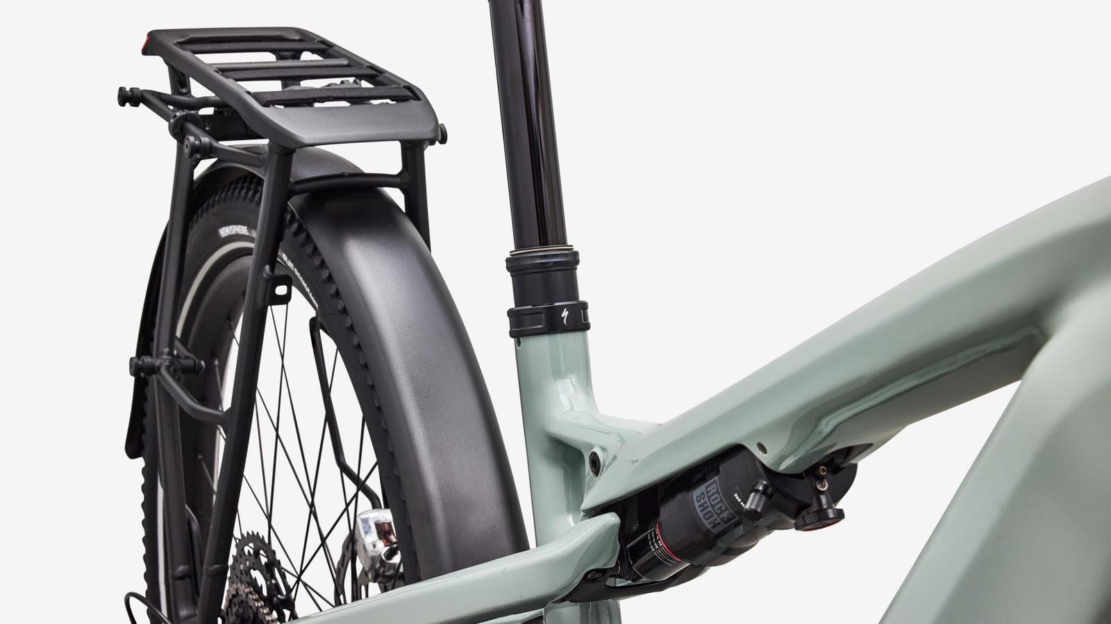 Specialized Turbo Vado 3 X 4.0 - Gloss Agave Grey / Oak Green Metallic / Brushed Chrome Decal - Seat Tube Junction Detail