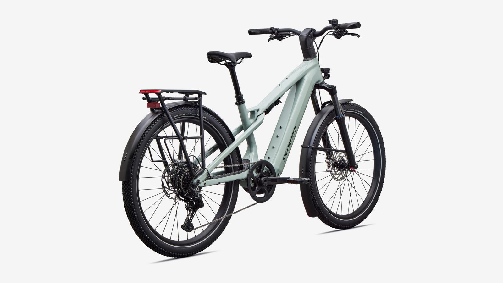 Specialized Turbo Vado 3 X 4.0 - Gloss Agave Grey / Oak Green Metallic / Brushed Chrome Decal - Rear 3/4 View