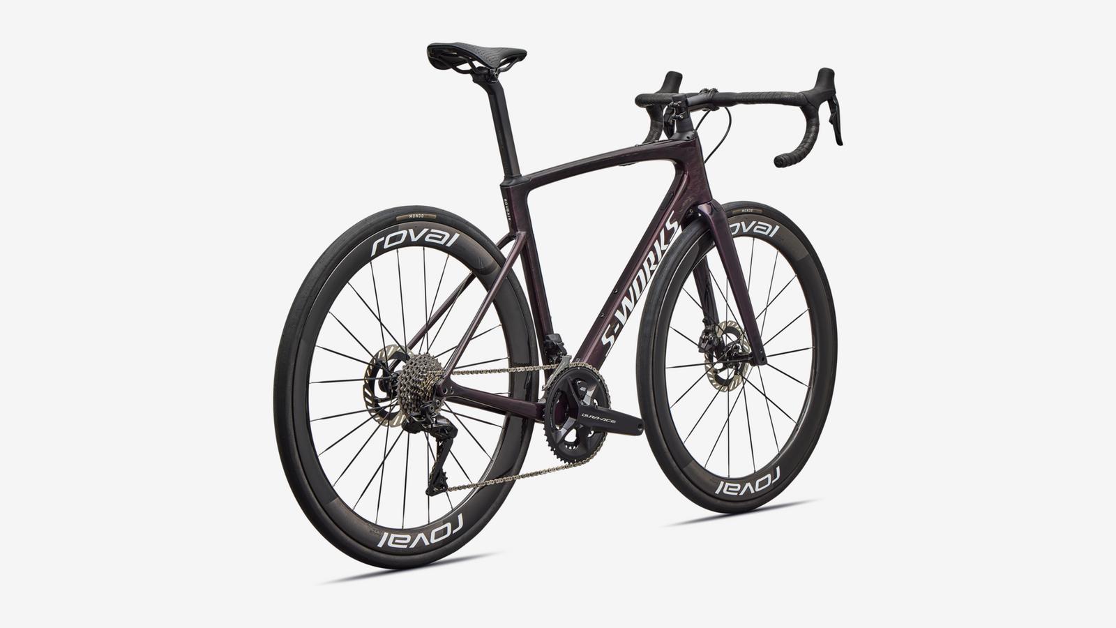 Specialized S-Works Roubaix SL8 - Gloss Carbon / Multi-color Directional Brush / White - Rear 3/4 View