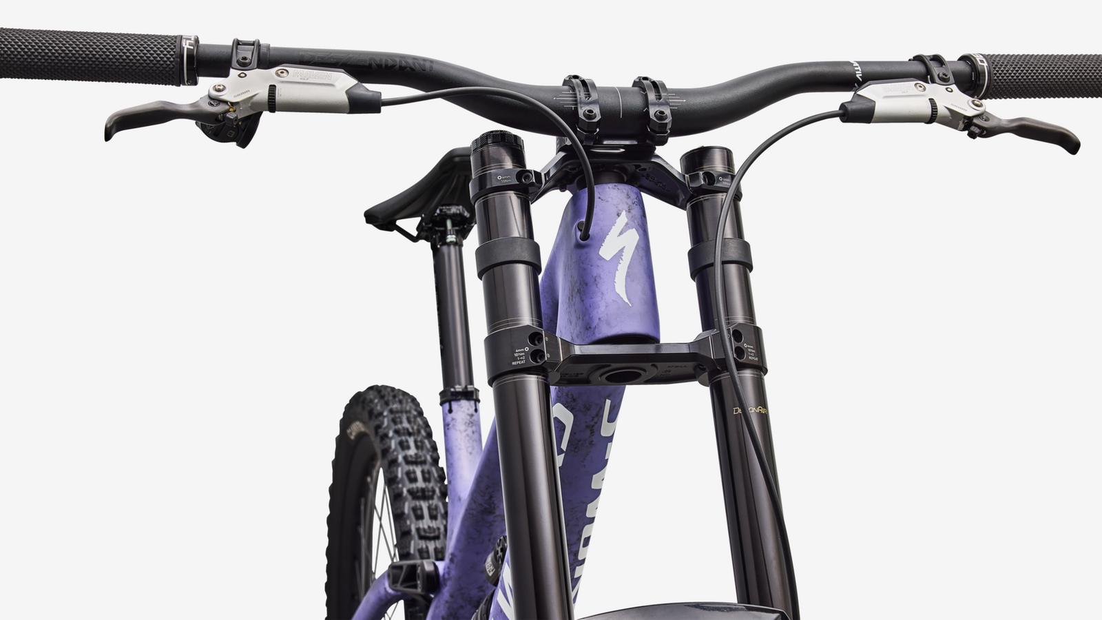 Specialized S-Works Demo 11 - Satin / Powder Indigo Tint / Black Tint Carbon / White - Head Tube Detail