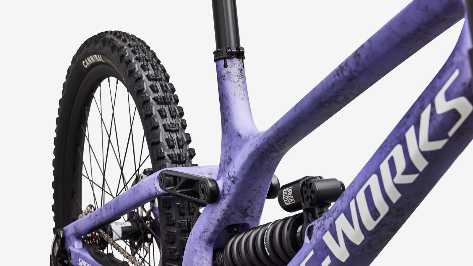 Specialized S-Works Demo 11 - Satin / Powder Indigo Tint / Black Tint Carbon / White - Seat Tube Junction Detail